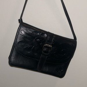 Patricia Nash Black Mini Cross-Body Leather Satchel with Floral Embossing